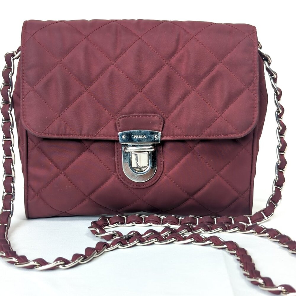 PRADA Impuntu Tessuto Quilted Nylon Chain Crossbody Bag Granato Shoulder Bag - Picture 2 of 16